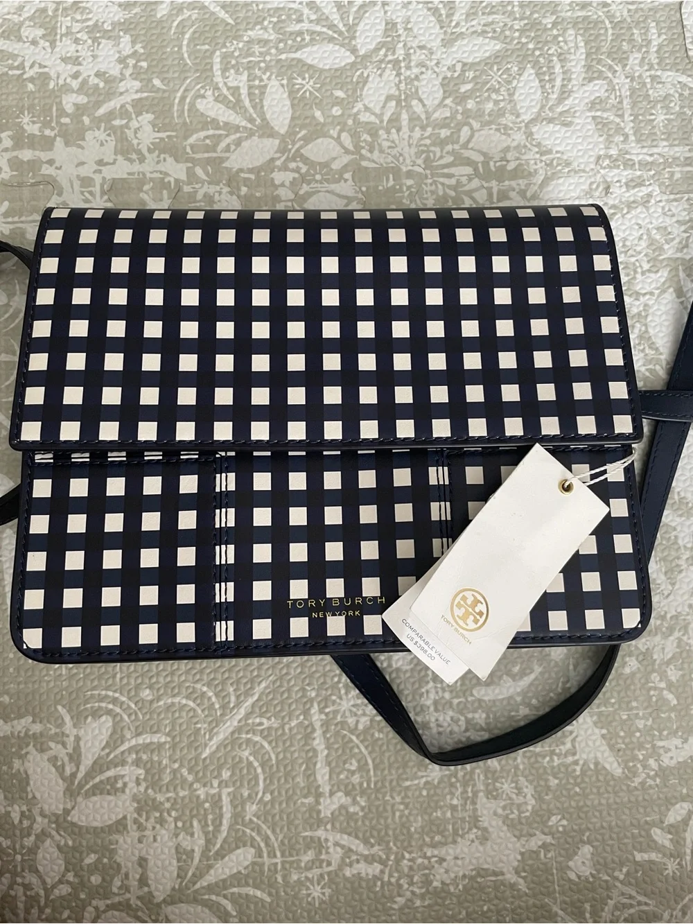NWT Tory Burch Gingham Crossbody with Gold Logo